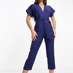 Closet London tie waist kimono jumpsuit in navy